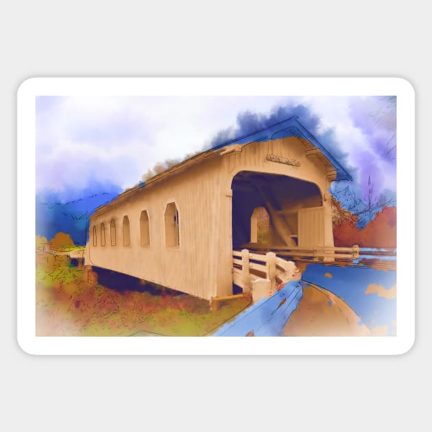 Grave Creek Covered Bridge In Watercolor Sticker by KirtTisdale
